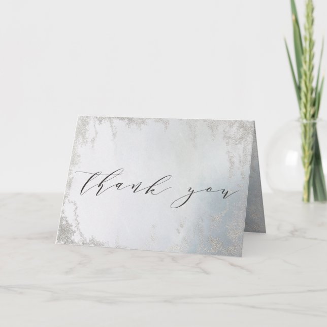 Ombre Dusty Blue Frosted Foil Custom Wedding Photo Thank You Card (Front)