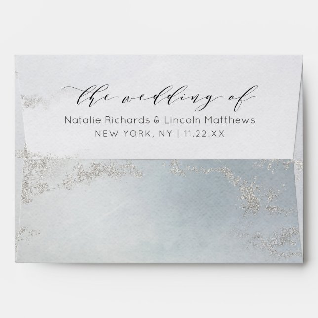 Ombre Dusty Blue Frosted Silver Monogram Wedding Envelope (Back (Top Flap))