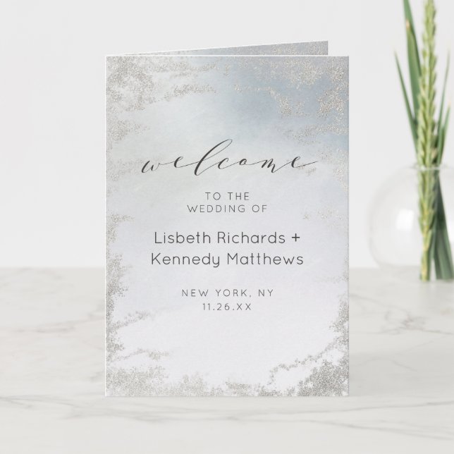 Ombre Dusty Blue Frosted Silver Wedding Ceremony Program (Front)