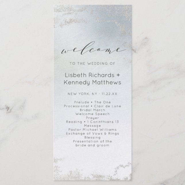 Ombre Dusty Blue Frosted Silver Wedding Ceremony Program (Front)