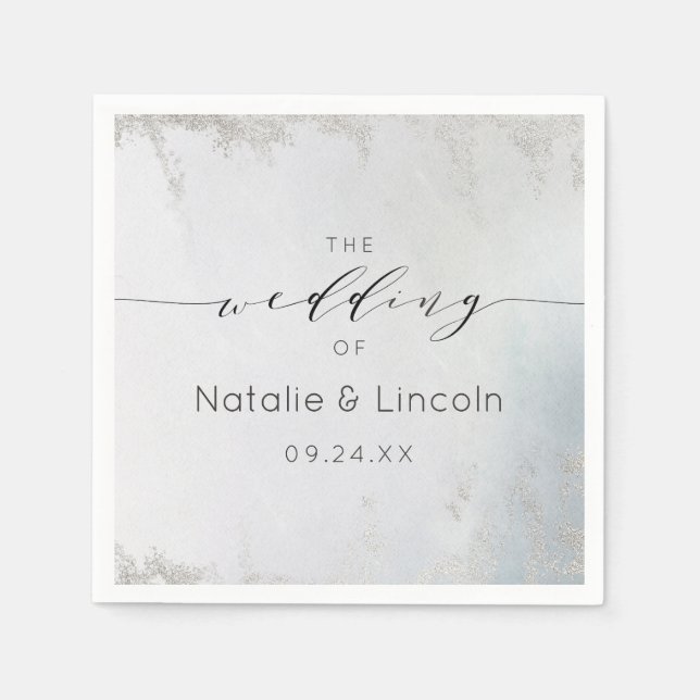 Ombre Dusty Blue Frosted Silver Wedding Monogram Napkin (Front)