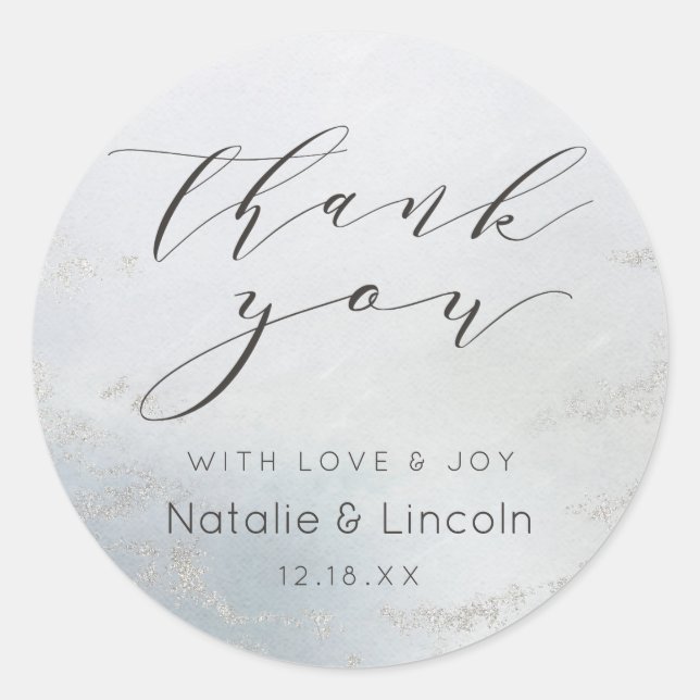 Ombre Dusty Blue Frosted Silver Wedding Thank You Classic Round Sticker (Front)