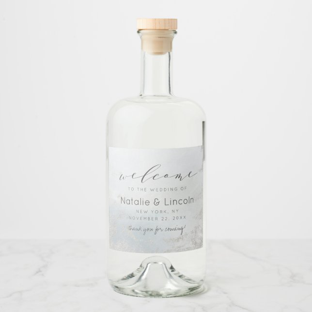 Ombre Dusty Blue Frosted Silver Wedding Welcome Liquor Bottle Label (Front)