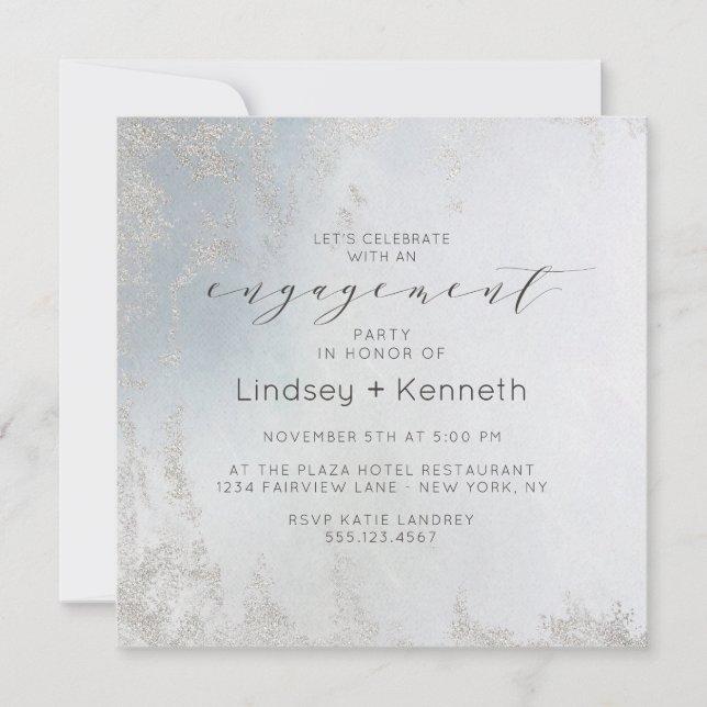 Ombre Dusty Blue Frosted Square Engagement Party Invitation (Front)
