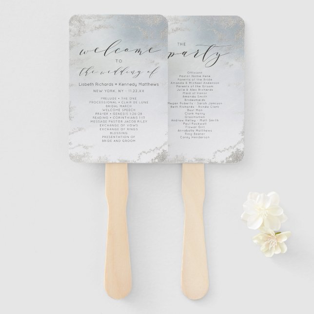 Ombre Dusty Blue Frosted Wedding Ceremony Program Hand Fan (Front and Back)