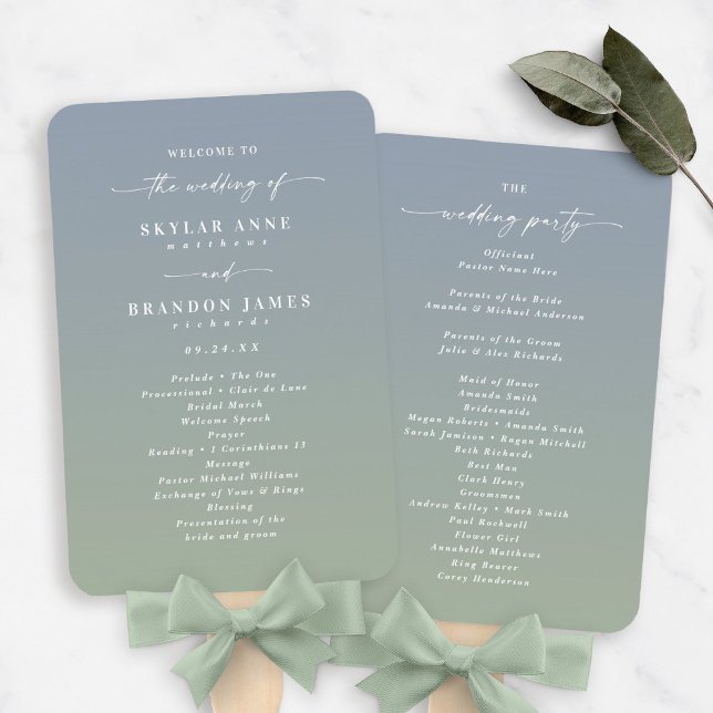 Ombre Dusty Blue & Green Wedding Ceremony Program Hand Fan (Creator Uploaded)