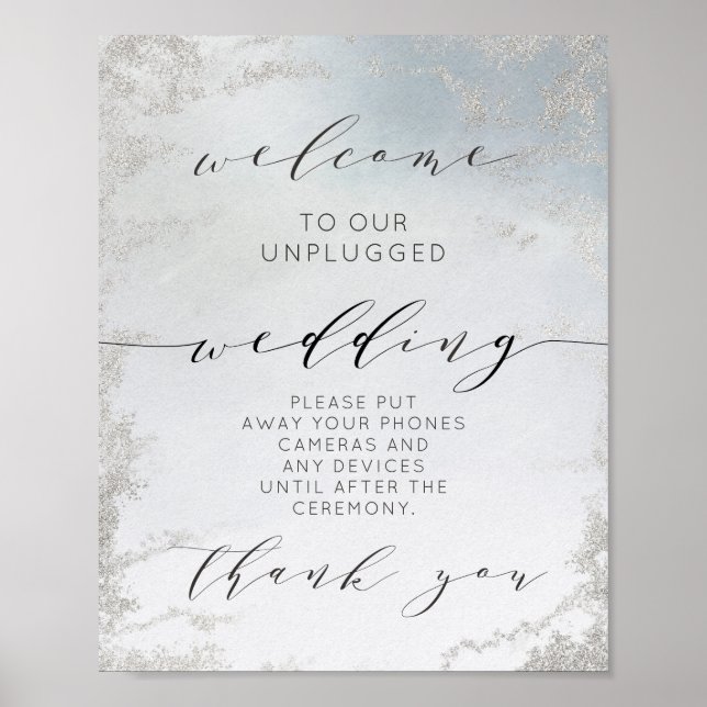 Ombre Dusty Blue Luxe Unplugged Wedding Table Sign (Front)
