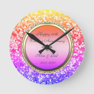 Ombre Glitter Diamonds 50th Wedding Anniversary Round Clock