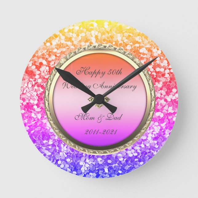 Ombre Glitter Diamonds  50th Wedding Anniversary Round Clock (Front)