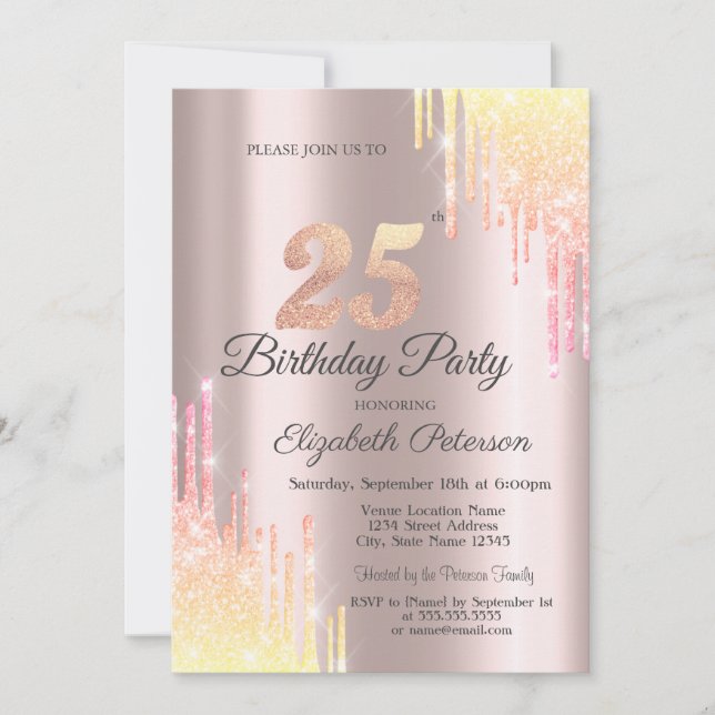Ombre Glitter Drips 25th Birthday Party Invitation (Front)