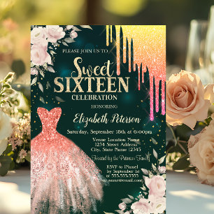 Ombre Glitter Drips,Dress,Floral Green Sweet 16 Invitation