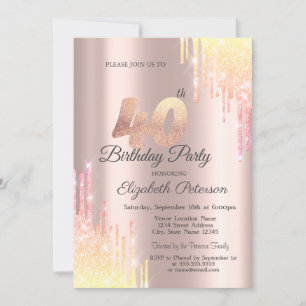 Ombre Glitter Drips Rose Gold 40th Birthday Party Invitation