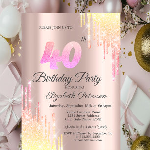 Ombre Glitter Drips Rose Gold 40th Birthday Party Invitation