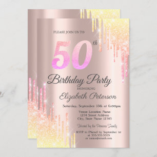 Ombre Glitter Drips Rose Gold 50th Birthday Party Invitation