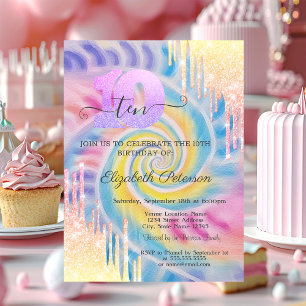 Ombre Glitter Drips Tie Dye 10th Birthday Invitation