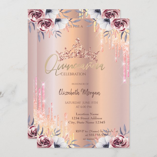  Ombre Glitter Drop Tiara Floral Quinceañera  Invitation (Front/Back)