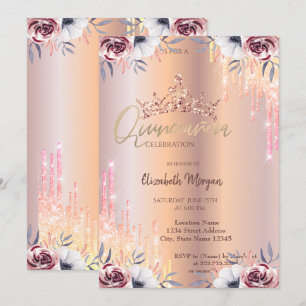 Ombre Glitter Drop Tiara Floral Quinceañera Invitation