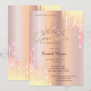 Ombre Glitter Drop Tiara Rose Gold Quinceañera Invitation