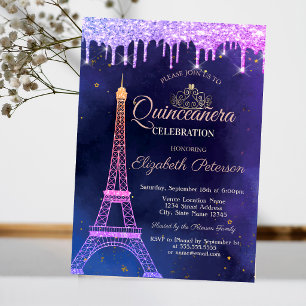 Ombre Glitter Eiffel Tower Tiara Drips Quinceañera Invitation