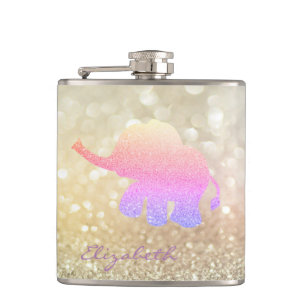 Ombre Glitter Elephant, Bokeh - Personalised Hip Flask