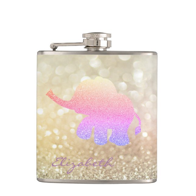 Ombre Glitter Elephant, Bokeh - Personalised Hip Flask (Front)
