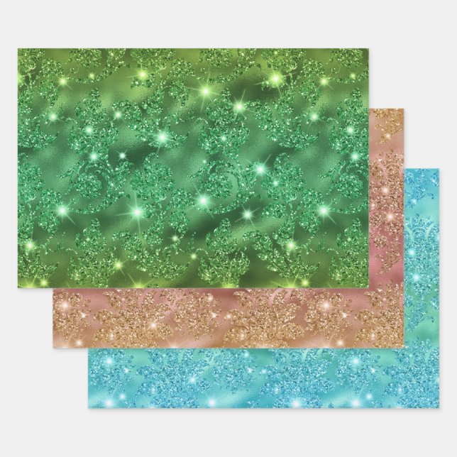 Ombre Glitter Floral Patterns with Sparkles Wrapping Paper Sheet (Set)