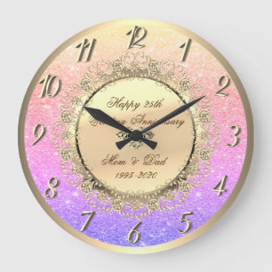 Ombre Glitter Gold Floral 25th Wedding Anniversary Large Clock
