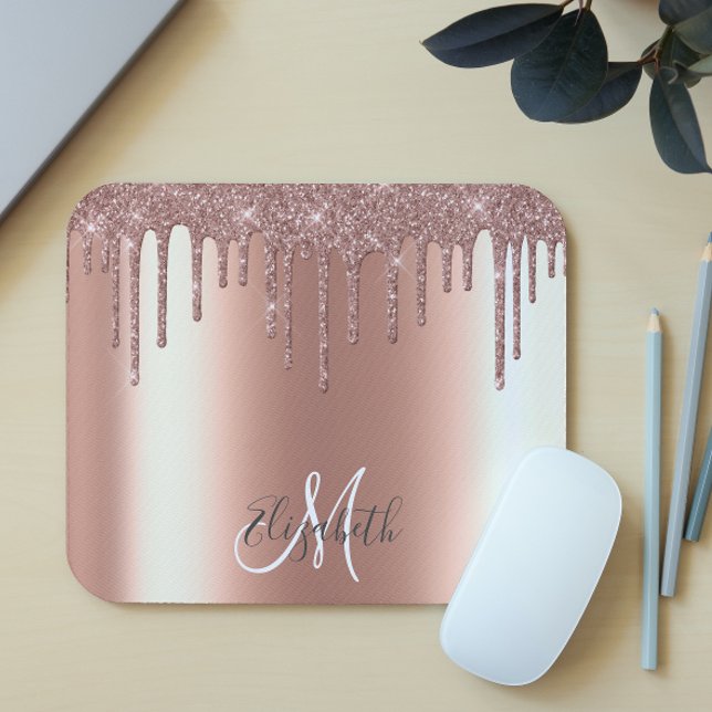 Ombre Glitter Rose Gold Drip Personalised Monogram Mouse Pad (Creator Uploaded)