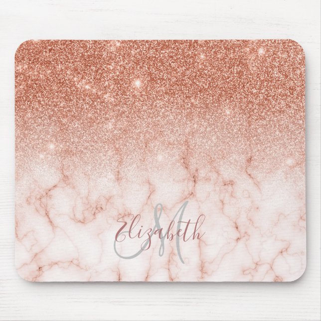 Ombre Glitter Rose Gold Trendy Marble Monogram Mouse Pad (Front)