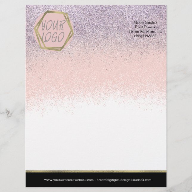 Ombre Glitter Your Logo Branding Pink Purple Custom Letterhead (Front)