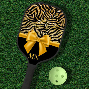 Ombre Glitter Zebra Gold Bow Monogrammed Pickleball Paddle