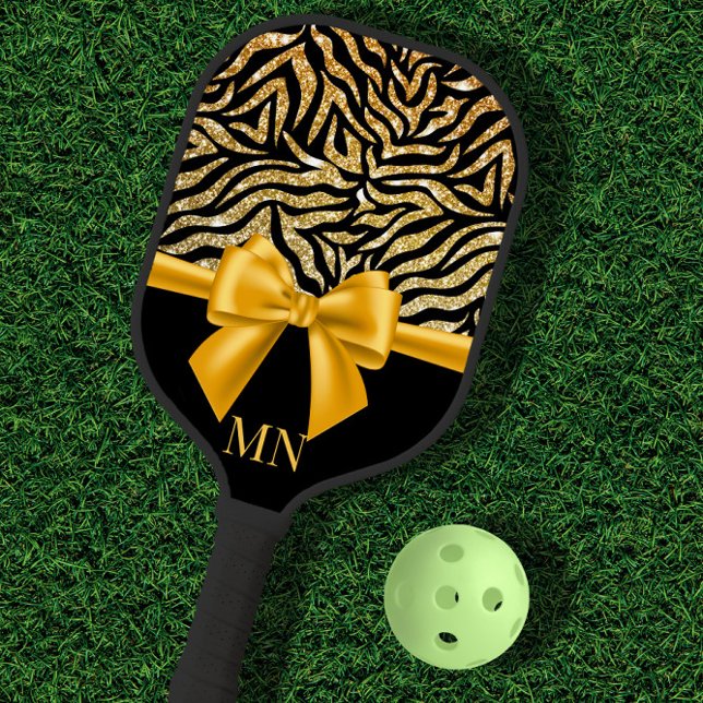 Ombre Glitter Zebra Gold Bow Monogrammed Pickleball Paddle (Creator Uploaded)