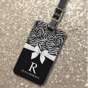 Ombre Glitter Zebra White Bow Monogram Luggage Tag