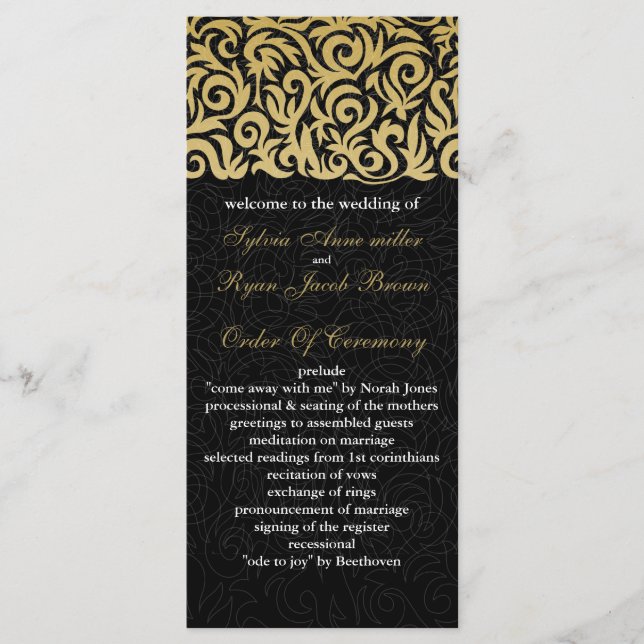 ombre gold and Black Swirling Border Wedding Program (Front)