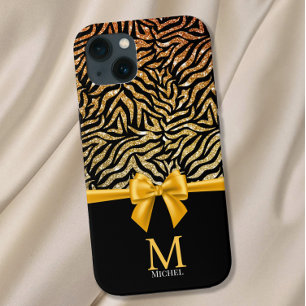 Ombre Gold Glitter Zebra Stripes Bow Monogram iPhone 12 Pro Max Case
