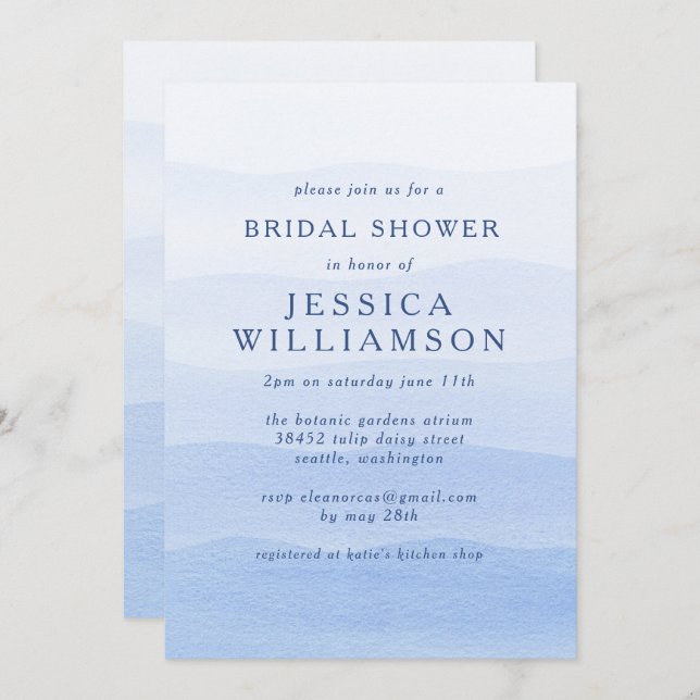 Ombre Gradient Dip Dye Blue Bridal Shower  Invitation (Front/Back)