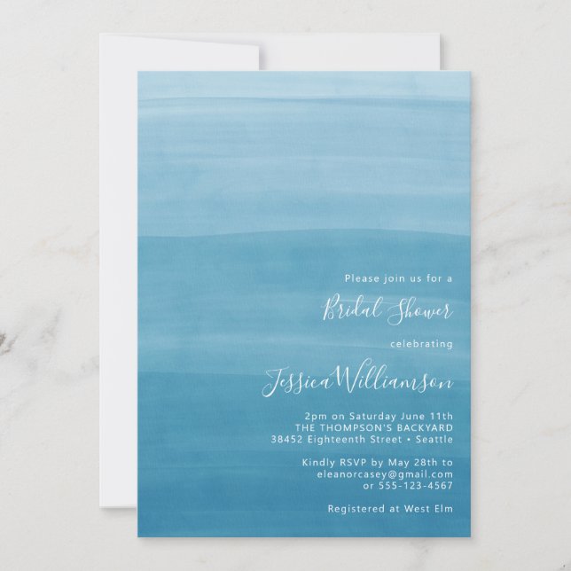 Ombre Gradient Dip Dye Ocean Blue Bridal Shower Invitation (Front)