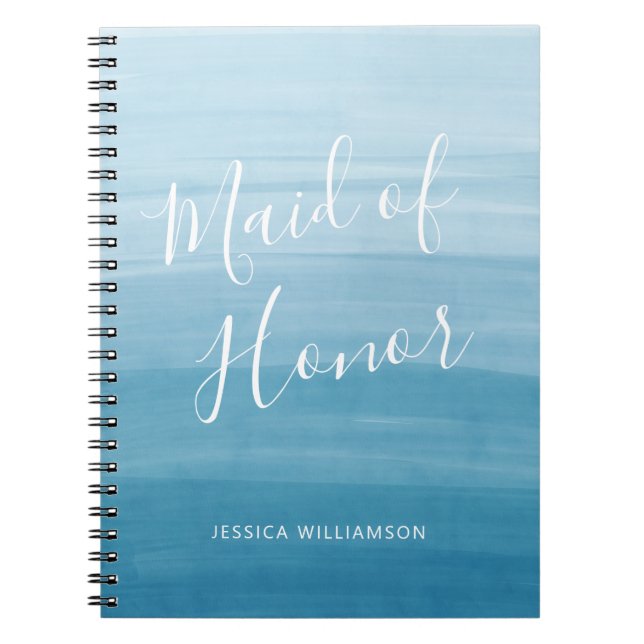 Ombre Gradient Dip Dye Ocean Blue Maid of Honour Notebook (Front)