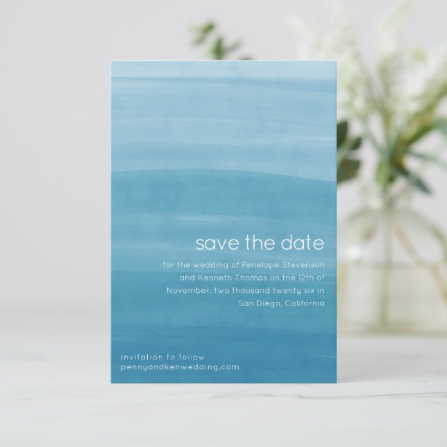 Ombre Gradient Dip Dye Ocean Blue  Save The Date (Standing Front)