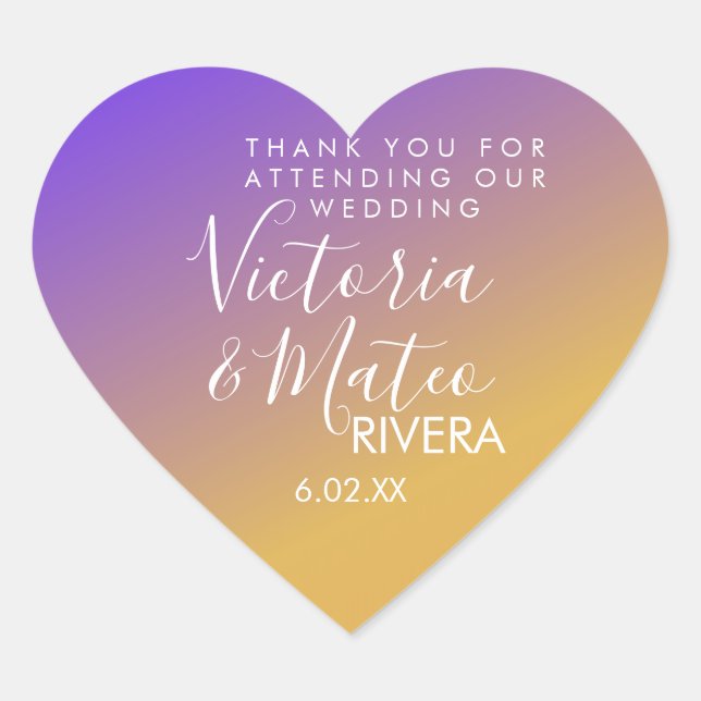 Ombre Gradient Purple Yellow Sunset Wedding Heart Sticker (Front)