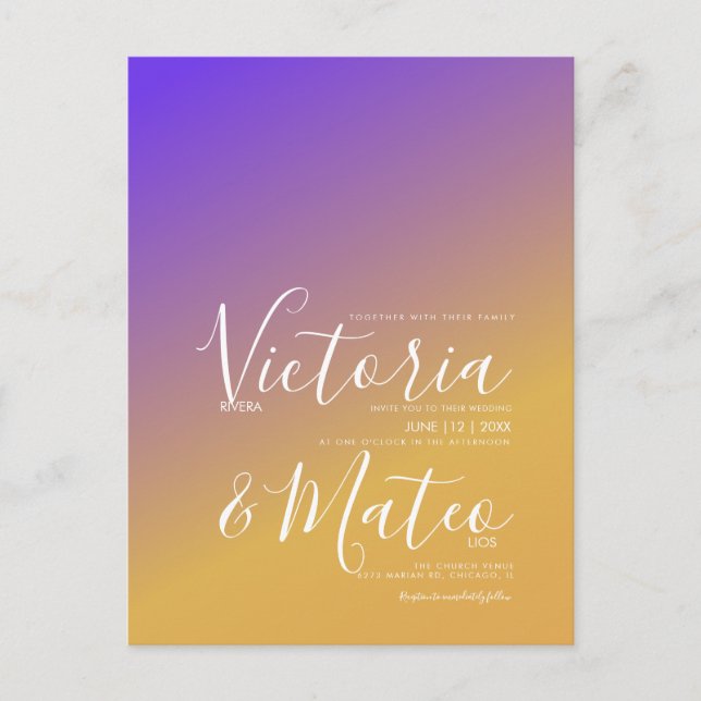 Ombre Gradient Purple Yellow Sunset Wedding Postcard (Front)
