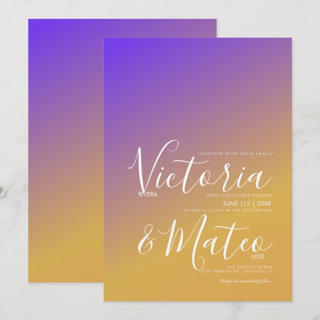 Ombre Gradient Purple Yellow Wedding  Invitation (Front/Back)