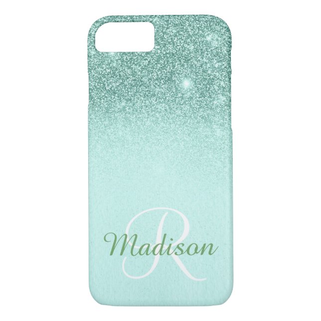 Ombre Green Mint Glitter Fading Monogram Case-Mate iPhone Case (Back)