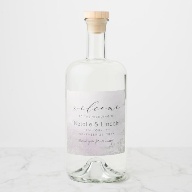 Ombre Lavender Purple Silver Foil Wedding Welcome Liquor Bottle Label (Front)