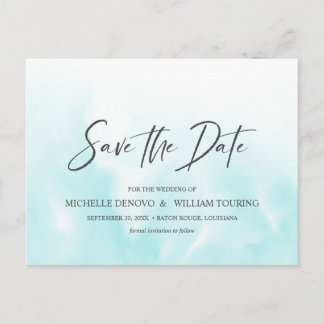 Ombre Light Blue Elegant Handwritten WEDDING Announcement Postcard