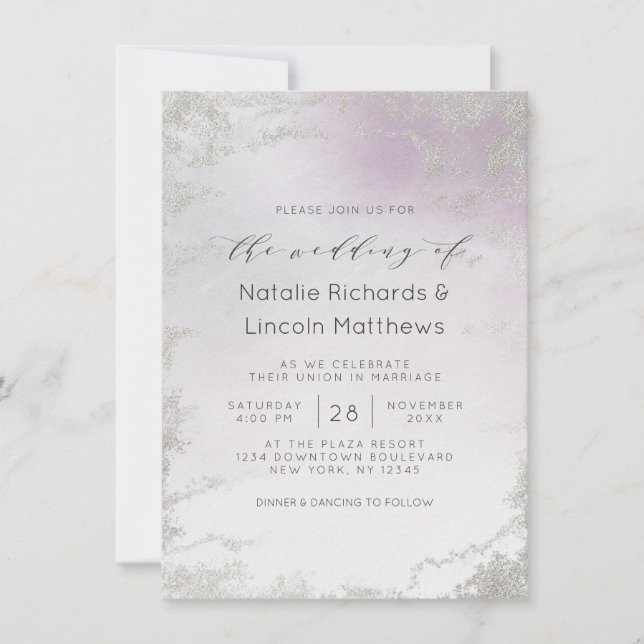 Ombre Light Purple Silver Foil Luxe Script Wedding Invitation (Front)