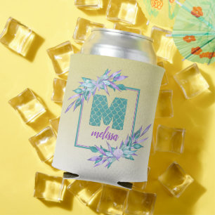 Ombre Mermaid Scales Monogram   Watercolor Floral Can Cooler