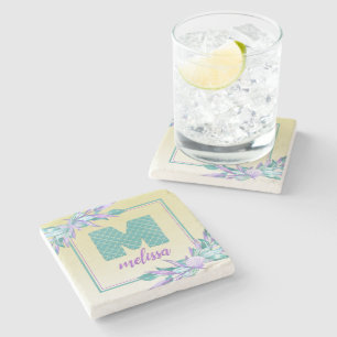 Ombre Mermaid Scales Monogram   Watercolor Floral Stone Coaster