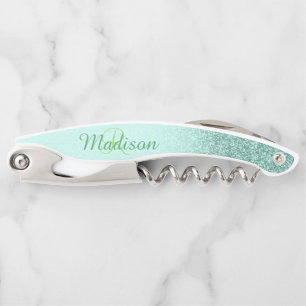 Ombre Mint Green Fading Stylish Monogram Glitter Corkscrew