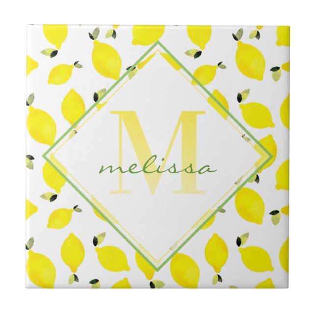 Ombre Monogram + Lemons Yellow + Green + White Ceramic Tile (Front)